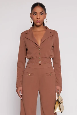 Womens Smocked Button Front Blouse, Brown, Size L