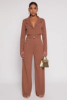 Womens Smocked Button Front Blouse, Brown, Size L