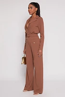 Womens Smocked Button Front Blouse, Brown, Size L