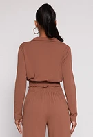Womens Smocked Button Front Blouse, Brown, Size L