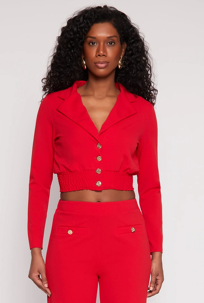 Womens Smocked Button Front Blouse, Red,