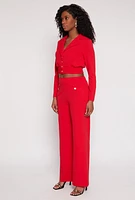 Womens Smocked Button Front Blouse, Red,
