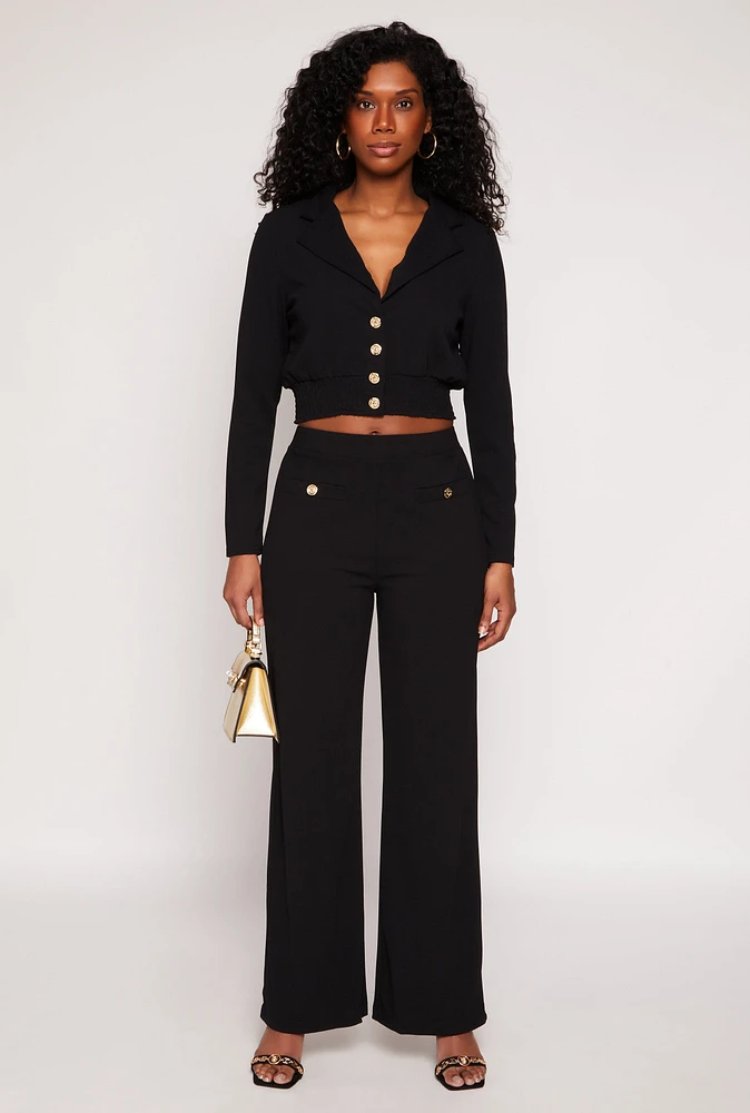 Womens Button Detail Wide Leg Dress Pants,