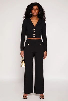 Womens Button Detail Wide Leg Dress Pants,