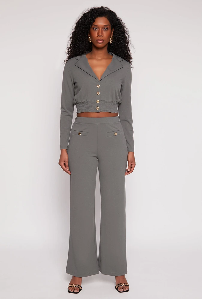 Womens Button Detail Wide Leg Dress Pants, Grey, Size S