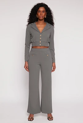 Womens Button Detail Wide Leg Dress Pants, Grey, Size S