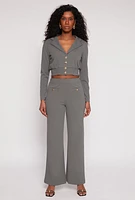 Womens Button Detail Wide Leg Dress Pants, Grey, Size S