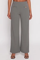 Womens Button Detail Wide Leg Dress Pants, Grey,