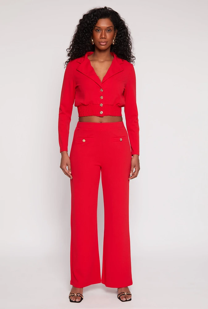 Womens Button Detail Wide Leg Dress Pants, Red, Size M