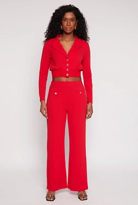 Womens Button Detail Wide Leg Dress Pants, Red, Size M