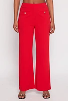 Womens Button Detail Wide Leg Dress Pants, Red, Size M