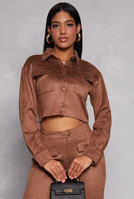 Womens Faux Suede Cropped Shirt, Brown, Size M