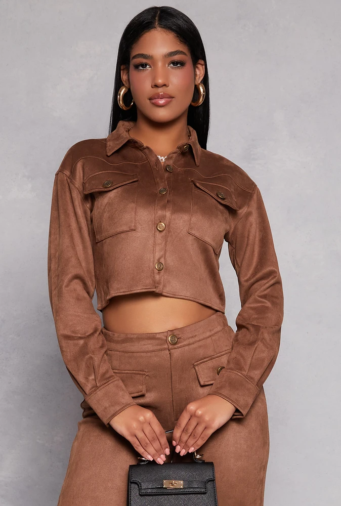 Womens Faux Suede Cropped Shirt, Brown, Size M
