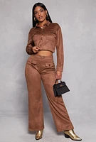 Womens Faux Suede Cropped Shirt, Brown, Size S