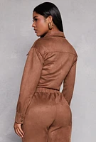 Womens Faux Suede Cropped Shirt, Brown, Size M