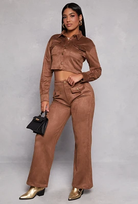 Womens Faux Suede Wide Leg Pants, Brown, Size L