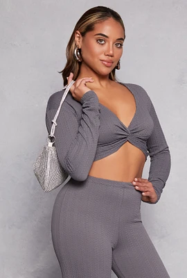 Womens Textured Knit Twist Front Crop Top, Grey, Size M