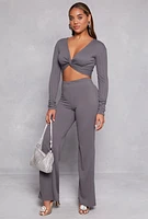 Womens Textured Knit Twist Front Crop Top, Grey, Size M