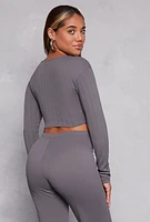 Womens Textured Knit Twist Front Crop Top, Grey, Size M