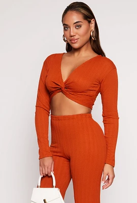 Womens Textured Knit Twist Front Crop Top, Orange, Size M