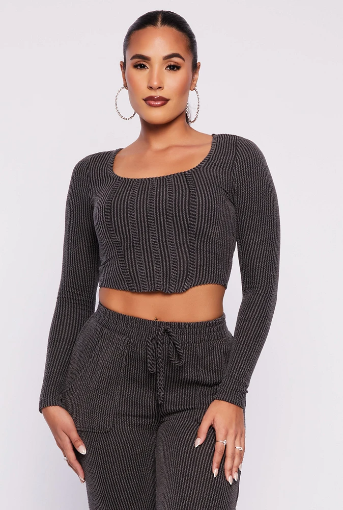 Womens Shadow Striped Long Sleeve Corset Crop Top, Grey, Size XL