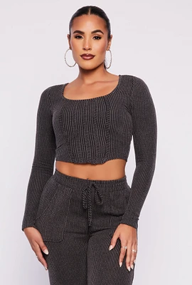 Womens Shadow Striped Long Sleeve Corset Crop Top, Grey, Size S