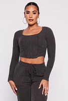 Womens Shadow Striped Long Sleeve Corset Crop Top, Grey, Size S