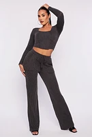 Womens Shadow Striped Long Sleeve Corset Crop Top, Grey, Size S