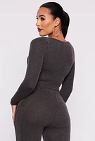 Womens Shadow Striped Long Sleeve Corset Crop Top, Grey, Size S