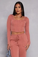 Womens Shadow Striped Long Sleeve Corset Crop Top, Pink, Size S