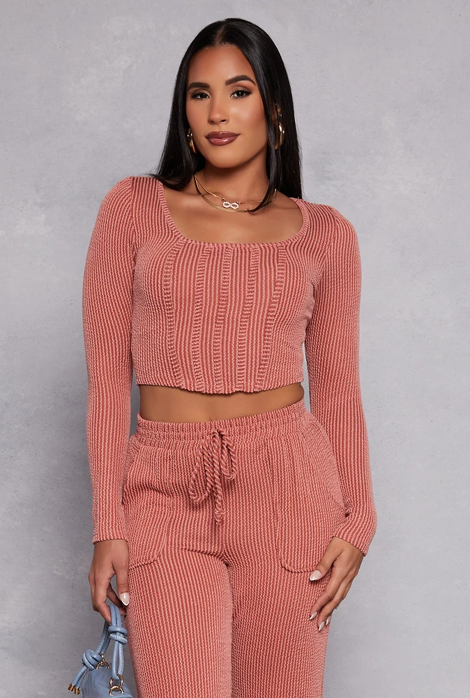 Womens Shadow Striped Long Sleeve Corset Crop Top, Pink, Size M