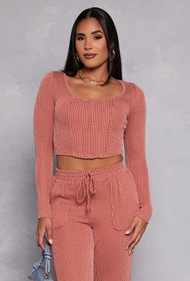 Womens Shadow Striped Long Sleeve Corset Crop Top, Pink, Size M