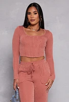 Womens Shadow Striped Long Sleeve Corset Crop Top, Pink, Size M
