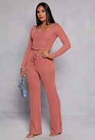 Womens Shadow Striped Long Sleeve Corset Crop Top, Pink, Size M