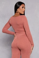 Womens Shadow Striped Long Sleeve Corset Crop Top, Pink, Size M