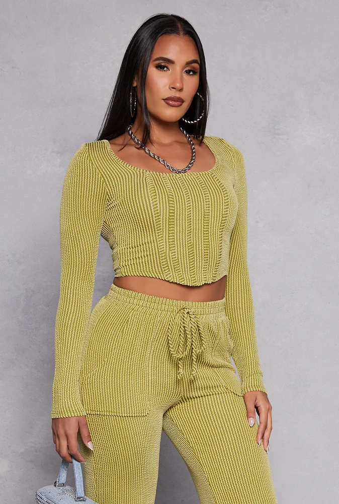 Womens Shadow Striped Long Sleeve Corset Crop Top, Green, Size S
