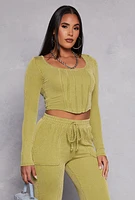 Womens Shadow Striped Long Sleeve Corset Crop Top, Green, Size S