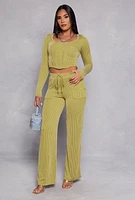 Womens Shadow Striped Long Sleeve Corset Crop Top, Green, Size S