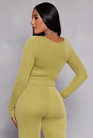 Womens Shadow Striped Long Sleeve Corset Crop Top, Green, Size S