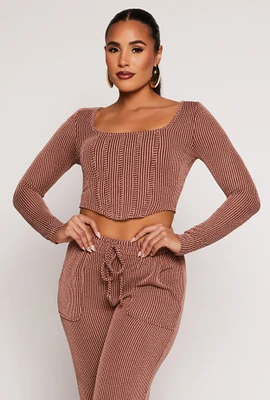 Womens Shadow Striped Long Sleeve Corset Crop Top, Brown, Size S