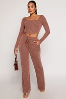 Womens Shadow Striped Long Sleeve Corset Crop Top, Brown, Size S