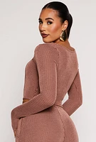 Womens Shadow Striped Long Sleeve Corset Crop Top, Brown, Size S