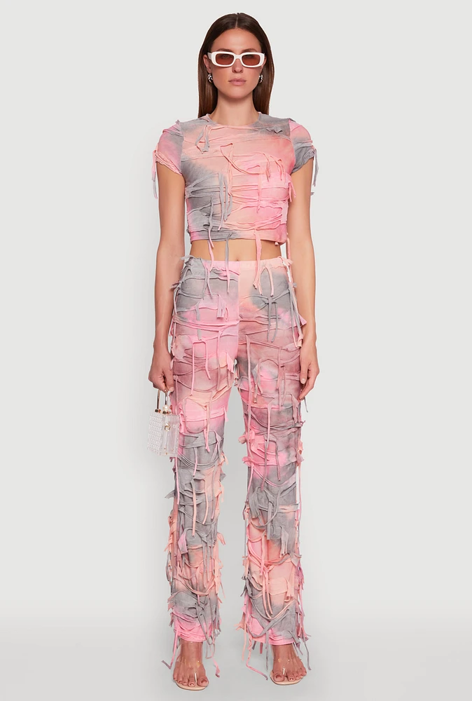 Womens Tie Dye Distressed Pants, Pink, Size L