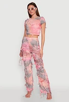 Womens Tie Dye Distressed Pants, Pink, Size L