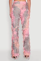 Womens Tie Dye Distressed Pants, Pink, Size L