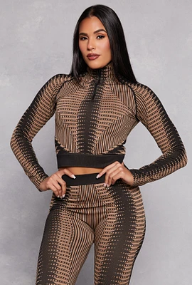 Womens Printed Seamless Half Zip Crop Top, Brown, Size S-M