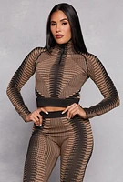 Womens Printed Seamless Half Zip Crop Top, Brown, Size S-M