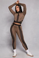 Womens Printed Seamless Half Zip Crop Top, Brown, Size S-M