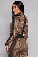 Womens Printed Seamless Half Zip Crop Top, Brown, Size S-M