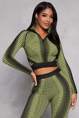Womens Printed Seamless Half Zip Crop Top, Green, Size S-M